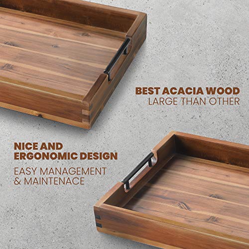 Ottoman Tray Acacia Wood Serving Tray with Metal Handles