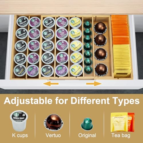 Bamboo K Cup Holder for Drawer or Countertop Coffee Pod Holder Expandable K Cup Pod Storage Tea bag organizer K Cup Storage for Coffee Station Home Office and Kitchen