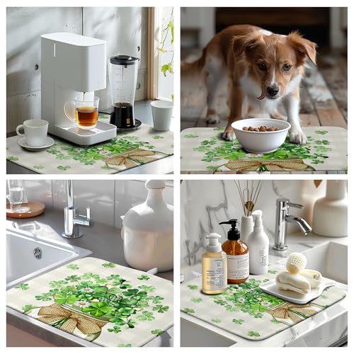 St Patricks Day Shamrock Dish Drying Mat Green Spring Kitchen Dishes Drying Pad Absorbent Dish Dryer Mats for Kitchen Countertops Microfiber Washable Large18x24 in