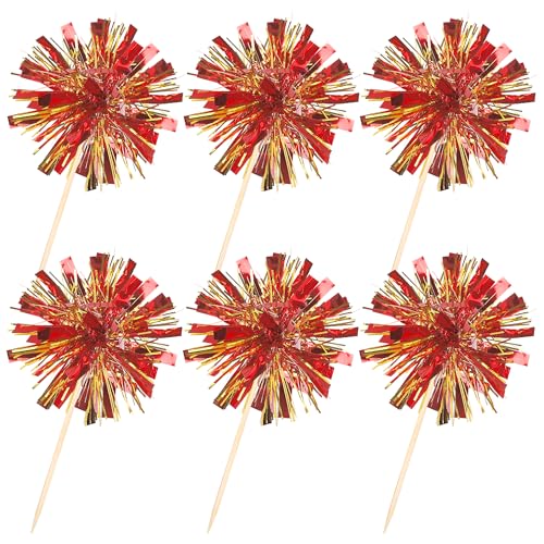 30 PCS Foil Firework Cupcake Toppers Sparkle Tinsel Cupcake Picks Happy Birthday Cake Decorations Drink Stirrers Cocktail Food Fruit Toothpicks for Baby Shower Graduation Party Supplies Red Gold (30 Count)