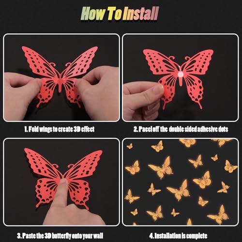 Glow in The Dark 3D Butterfly 24 Pcs Orange Butterfly Stickers (24 Count)