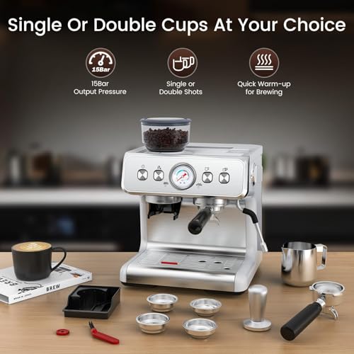 2026 Upgrade) Espresso Machine with Grinder, Expresso Coffee Machines with Built-in Anti-Clog Coffee Grinder/Milk Steam Wand/Frother, Expresso Machines for Home Perfect Cappuccino & Latte-Silver