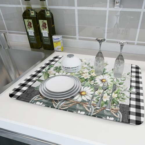 Daisy Floral Dish Drying Mat for Kitchen Counter Watercolor Flowers Absorbent Dishes Drainer Rack Mat 18x24 Inch Microfiber Dish Drying Pads Spring Kitchen Drying Dishes Pad Countertops