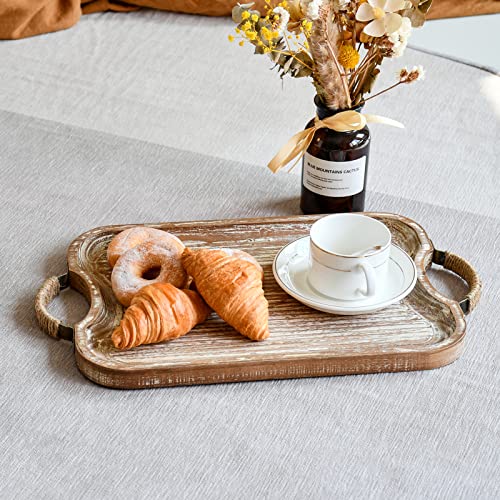 Rustic Wood Serving Tray with Metal Twine Handles Set of 2 Rectangular Decorative Trays Farmhouse Platter for Food (2 Count)