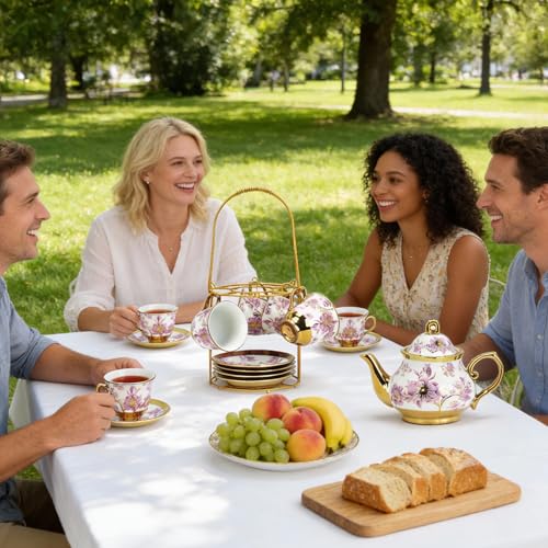 20 Pcs Porcelain Tea Set With Metal Holder
