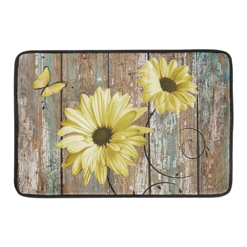 Rustic Daisy Dish Drying Mat for Kitchen Countertop 18x24 inch Yellow Sunflowers on Wooden Board Dish Drainer Mats Fast Drying Country Vintage Shabby Chic Flower Dish Drying Pad Decor Large
