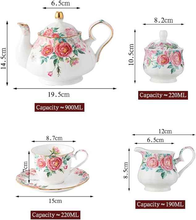 15 Piece Bone China Tea Cup Sets, Elegant Flower Painting Teapot Cup Saucer,Sugar Bowl Cream Pitcher Teaspoons for Tea/Coffee,Gifts Set for Adults.