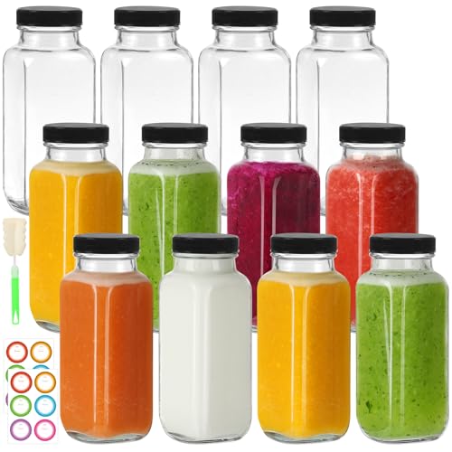 8 oz Glass Juice Bottles with Lids 12 Pack (12 Count)
