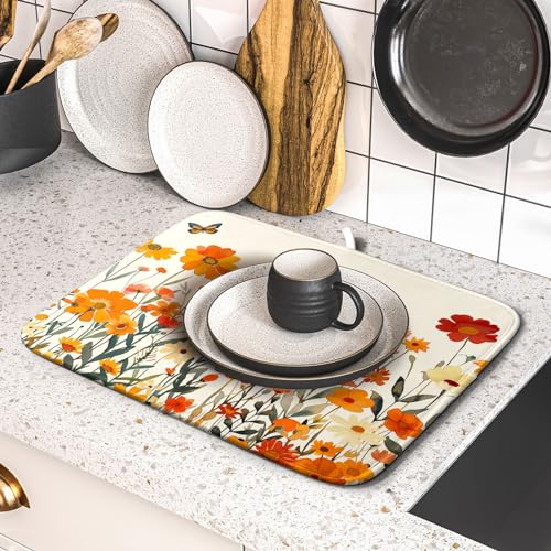 Fall Orange Wildflower Dish Drying Mat for Kitchen Counter