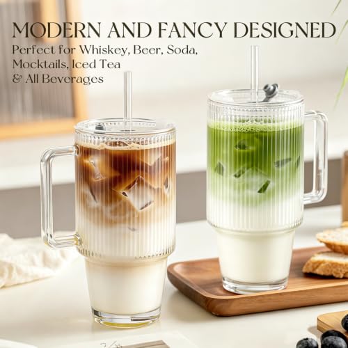 24oz Ribbed Glass Cup with Lid & Straw