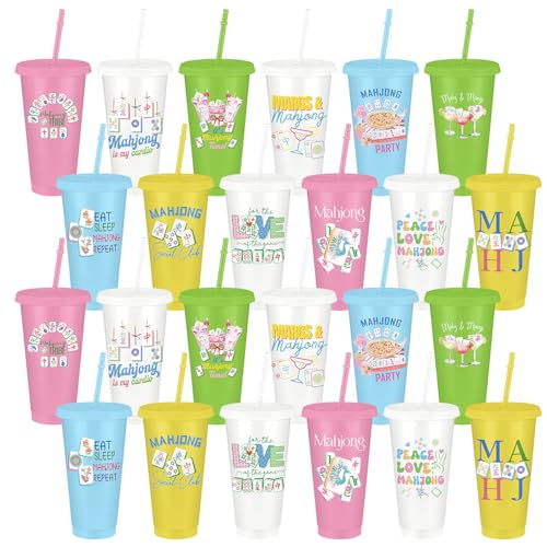 24 Pcs Mahjong Plastic Cups with Lids and Straws 24 oz Funny Mah Jong Tumbler Gifts Reusable Coffee Cups for Mahjong Lover Family Play Day Decorations Accessories Game Night Party Supplies (24 Count)