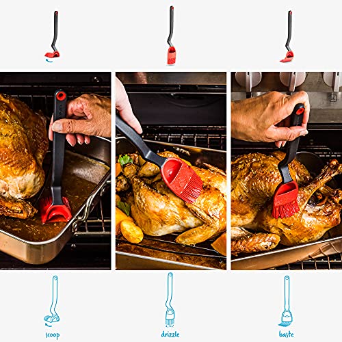 Brizzle 3-In-1 Flexible Silicone Sit-Up Basting, Drizzle, Scooping Brush with In-Built Sauce Resevoir - Red