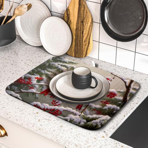 Winter Red Cardinal Bird Dish Drying Mat for Kitchen Counter