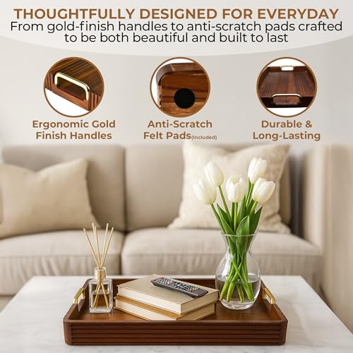 Acacia Wood Serving Tray with Metal Handle