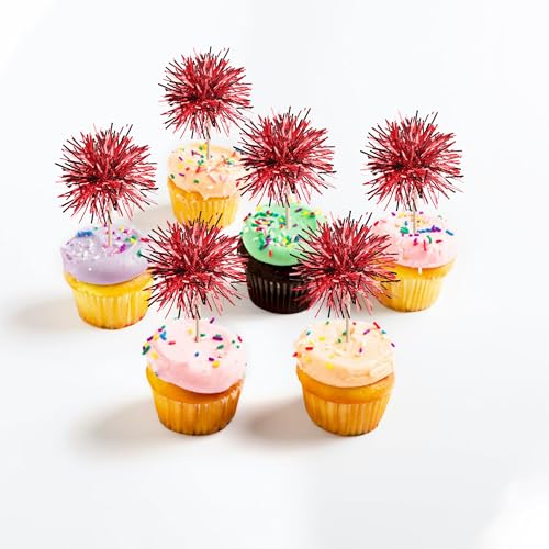 40 PCS Foil Firework Cupcake Toppers Sparkle Tinsel Cupcakae Picks Sparkler Fireworks Party Decorations Cocktail Fruit Toothpick for Birthday Wedding Graduation Party Decorations Supplies Red (40 Count)