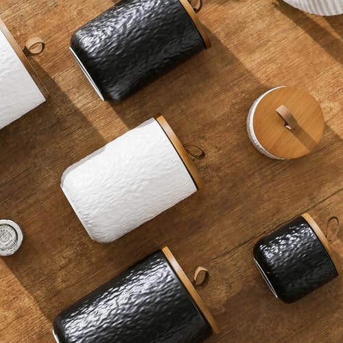 Black White Ceramic Coffee Canister Tea Canister with Seal Wood Lid (3 Count)