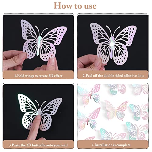 3D Butterfly Wall Decor 48 Pcs Laser Pink Butterfly Decorations (48 Count)