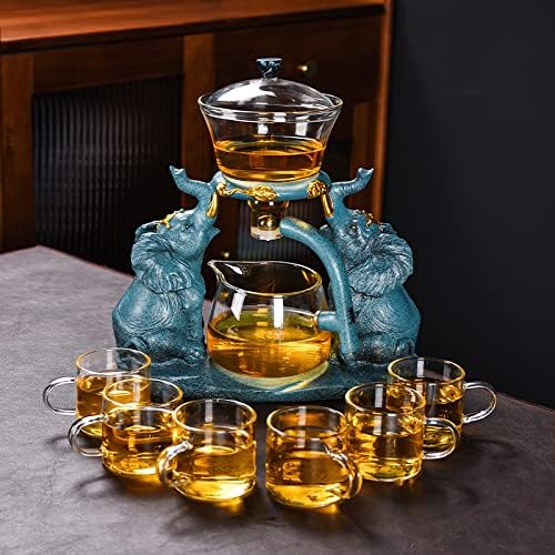 RORA Lazy Kungfu Glass Tea Set Semi Automatic Drip Rotating with Infuser Glass Teapot Set (Elephant Tea Set+6 cups)