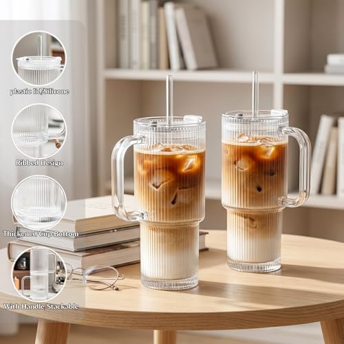 24 oz Ribbed Glass Tumbler with Handle