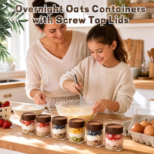 6 pc Glass Spice jars Glass Jars with Screw Lid 5 oz Acacia Wood Glass Herb Sugar Coffee Bean Ground Container Food Storage Canister for Candy Pantry Tea Seasoning Meal Prep Snack