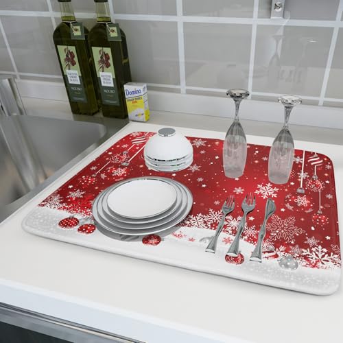 Xmas Balls Dish Drying Mat for Kitchen Countertop Winter Red White Snowflakes Dish Drainer Mats 18x24inch Reversible Dish Drying Rack Pad Protector for Dining Holiday New Year Decor
