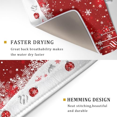 Xmas Balls Dish Drying Mat for Kitchen Countertop Winter Red White Snowflakes Dish Drainer Mats 18x24inch Reversible Dish Drying Rack Pad Protector for Dining Holiday New Year Decor