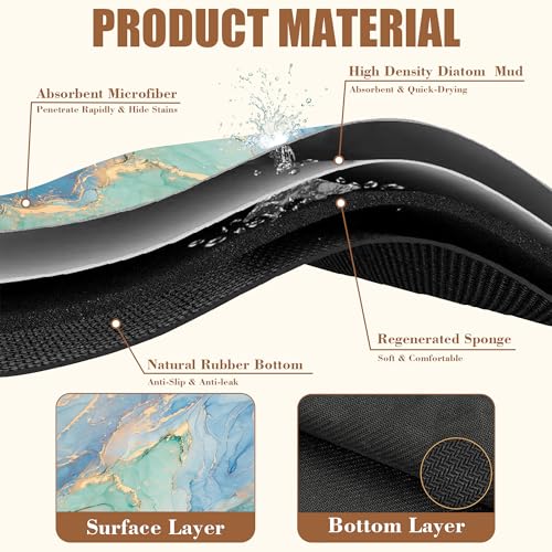 Turquoise and Blue Marble Coffee Mat Absorbent Dish Drying Mat for Kitchen Counter Hide Stain Rubber Backed Coffee Bar Accessories Fit Under Espresso Machine Dish Drainer