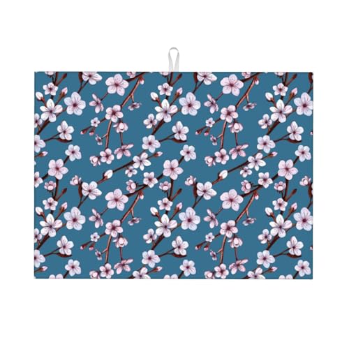 18x24 Blue Cherry Blossom Floral Microfiber Absorbent Dish Drying Mat
