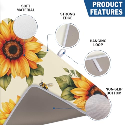 Sunflower Dish Drying Mat 18x24 Inch Absorbent Reversible Summer Drying Mat Sunflower Bee Dish Drying Rack Mat Yellow Summer Themed Dish Drainer Mat for Kitchen Counter Coffee Bar