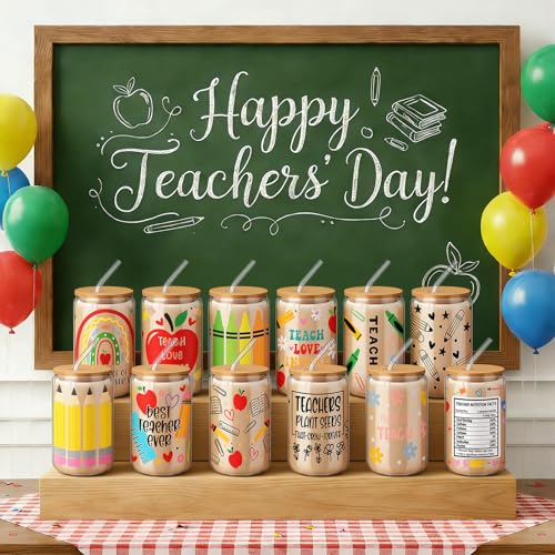 12 Sets Back to School Teacher Gifts Bulk 16 oz Apple Crayon Pencil Glass Cup with Lid and Straw Iced Coffee Tumbler for Teacher from Students First Day of School Party Favors (12 Count)