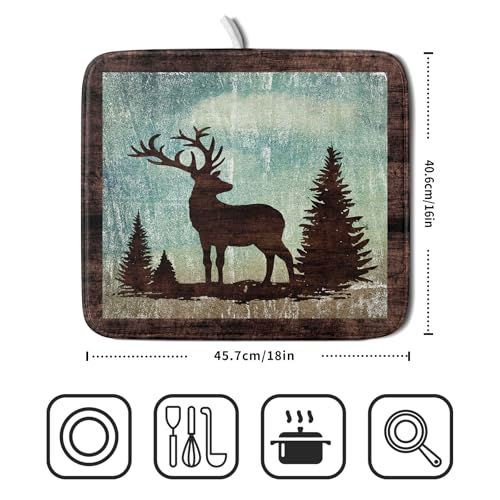 Retro Deer Forest Cabin Silhouette Dish Drying Mat Countertop 16x18 Fall Blue Sky Cloud Cartoon Elk Wild Animal Bushes Drainer Mat Pine Tree Grass Dishes Pad Rustic Dish Drainer Rack