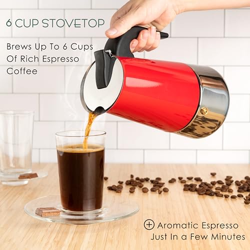 6 Cup Greca Moka Pot Red Stainless Steel Stovetop Espresso Maker (6 Espresso Cups)