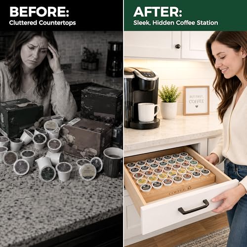BamBoo k cup holder Drawer or Countertop k cup Organizer Coffee Pod Holder Hold 35 Coffee Pod Storage Kcup coffee pods holder for coffee station Office and Kitchen k cup storage