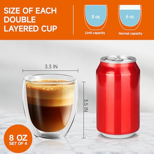 8 Ounces Set of 4 Double Walled Glass Coffee Mugs Insulated Layer Coffee Cups Borosilicate Glass Espresso Double Insulated Clear Glass Coffee Mug for Hot Beverages (4 Count)