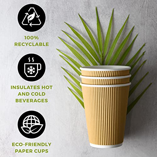 100 8 oz Ripple Kraft Paper Cups Brown Hot Cold with Lids 3 Layer Rippled Small Insulated Disposable Coffee Cups for Cappuccino Hot Cocoa or Iced Drinks (100 Count)