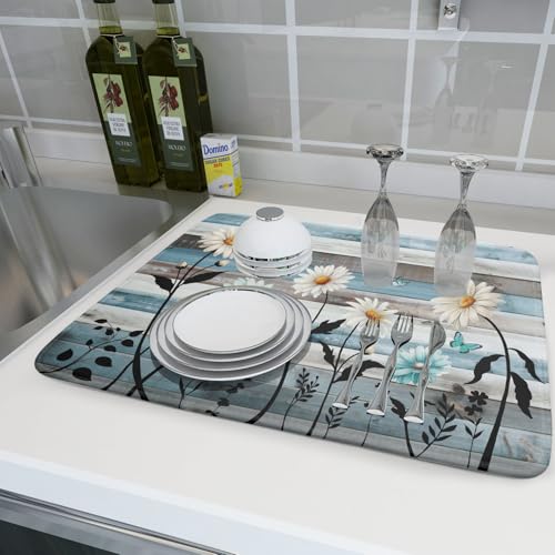 Blue White Daisy Floral Dish Drying Mat for Kitchen Counter