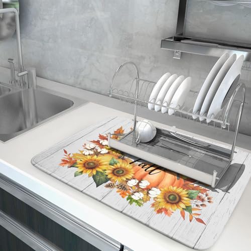 Hello Fall Sunflowers Dish Drying Mat for Kitchen Counter
