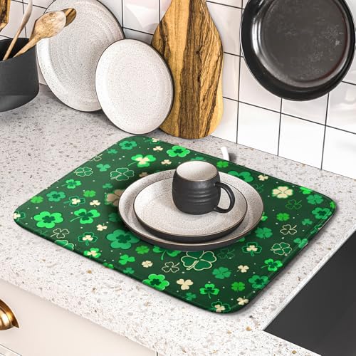 Happy St. Patrick's Day Dish Drying Mat for Kitchen Green Lucky Shamrock Clover Dish Drying Mat for Dishes Spring Irish Drying Mats 18x16 Inch Absorbent Reversible Dish Pad for Countertop Coffee Bar