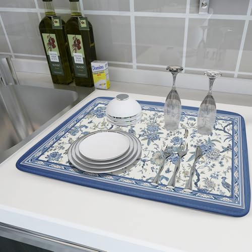 Chinoiserie Dish Drying Mat 18x24in Blue White Oriental Floral Birds Kitchen Drainer Mats Porcelain Flowers Absorbent Microfiber Dish Drying Pad Large for Countertop Home Decor