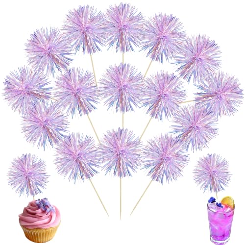 30Pcs Foil Firework Cupcake Toppers Party Birthday Cake Toppers Supplies Sparkle Tinsel Cocktail Fruit Toothpick for Birthday Wedding Graduation Party Purple (30 Count)