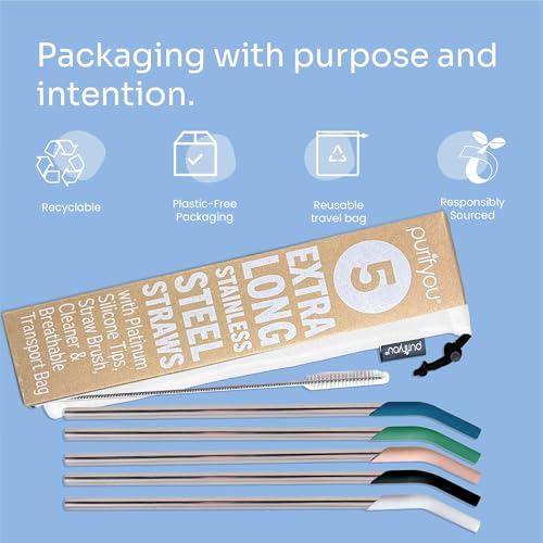 14.5" Extra Long Stainless Steel Drinking Straws with Silicone Tips (5 Count)