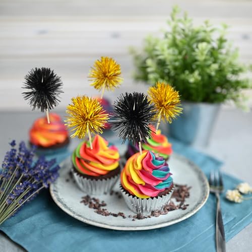 30Pcs Foil Firework Cupcake Toppers Sparkle Tinsel Cake Toppers Tinsel Drink Cake Decoration Cocktail Picks for Birthday Wedding Graduation Party Supplies Gold Black (30 Count)