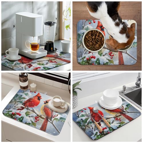 Winter Cardinal Birds Dish Drying Mat