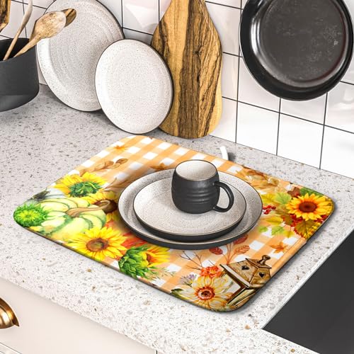 Autumn Maple Leaf Orange White Check Plaids Dish Drying Mat for Kitchen Counter