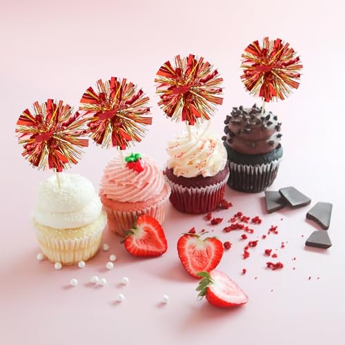 30Pcs Foil Firework Cupcake Toppers Sparkle Tinsel Drink Birthday Cake Decorations Cocktail Food Fruit Toothpick for New Years Wedding Birthday Party Decorations Gold Red (30 Count)
