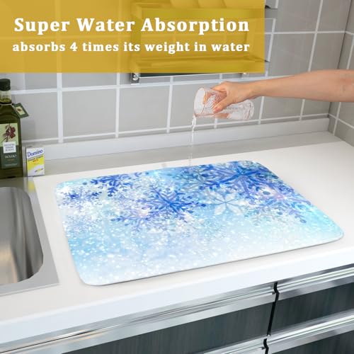 18"x24" Winter Blue Snowflakes Dish Drying Mat Christmas Snow Falling Nature Ice Dish Drainer Mats for Kitchen Microfiber Reversible Dish Drying Rack Pad for Countertop Tabletop Decor