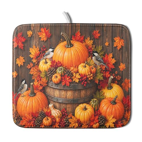 Autumn Dish Drying Mat for Kitchen Countertop Fall Pumpkin Maple Leaf Birds Dish Drainer Mats 16x18inch Rustic Wood Board Grain Dish Drying Rack Pad Protector for Dining Seasonal Decor