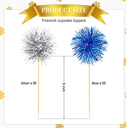 100 Pcs Foil Firework Cupcake Toppers Sparkle Tinsel Cake Toppers Cake Decoration Cocktail Fruit Toothpick for Birthday Wedding Graduation Party