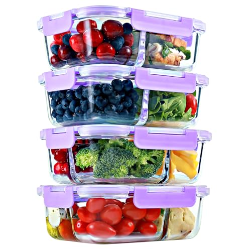 Glass Meal Prep Containers 2 & 3 Compartments with Lids 4 Pack 32 oz (4 Count)
