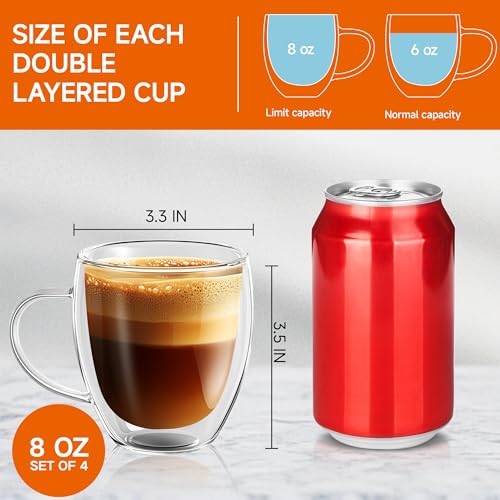 8 Ounces Set of 4 Double Walled Glass Coffee Mugs with with Handle Insulated Layer Coffee Cups Borosilicate Glass Espresso Double Insulated Clear Glass Coffee Mug for Hot Beverages (4 Count)